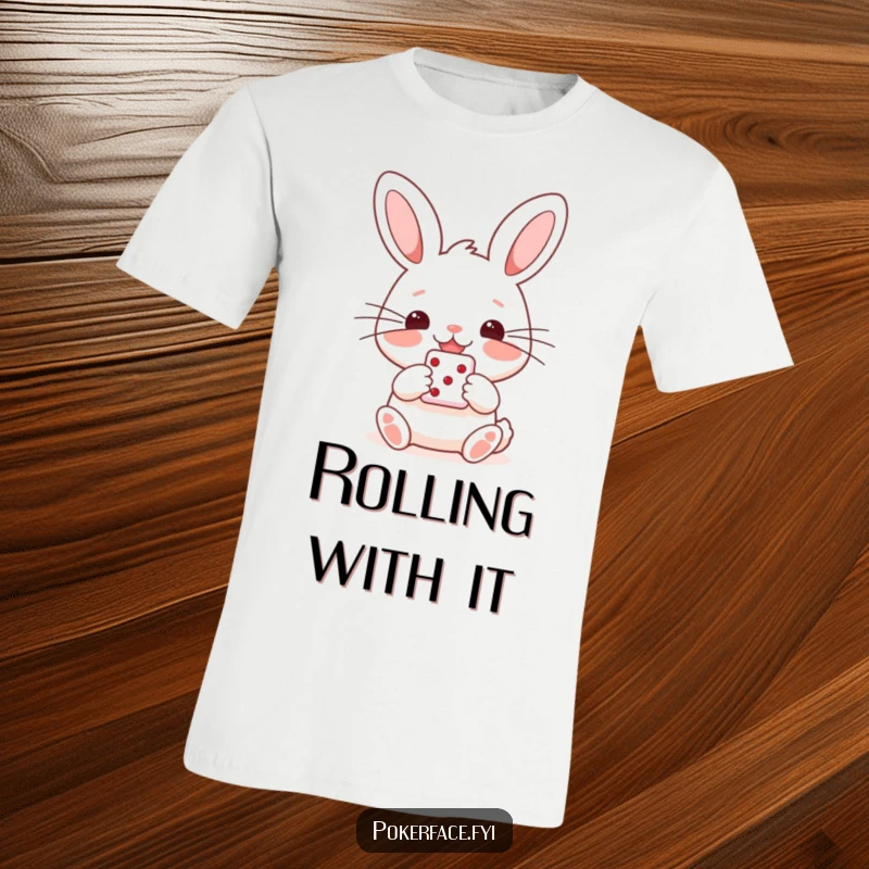 Funny t-shirt depicting a happy rabbit with straight whiskers, holding a single die, embodying luck and cheerful optimism.