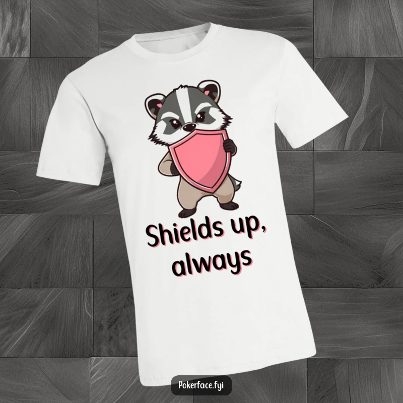 Funny Badger Shield T-Shirt depicting a determined badger holding a shield with a blank expression, a humorous symbol of defense.