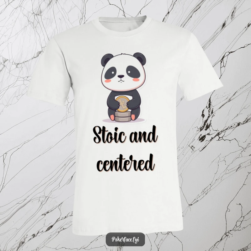 Funny Panda Coin T-Shirt depicting a panda with a stoic face balancing a single coin, a humorous symbol of balance.