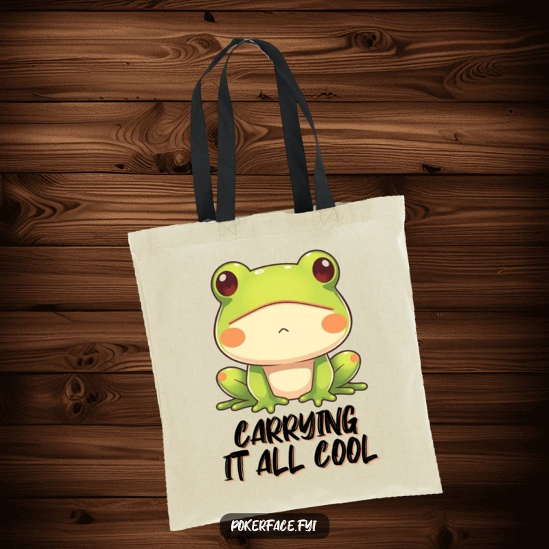 Funny Frog Tote Bag with an impassive frog face, perfect for carrying essentials with hilarious deadpan charm and a stoic aesthetic, great gift.