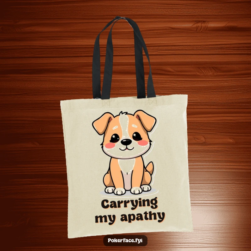 Funny Tote Bag: A Dog Character with an Unexcited Tail Wag, Conveying Mild Disinterest.