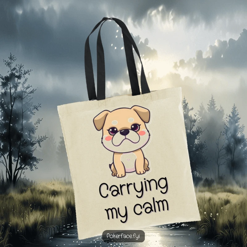 Funny tote bag featuring a stoic dog with a neutral face, a humorous and stylish accessory for everyday use.