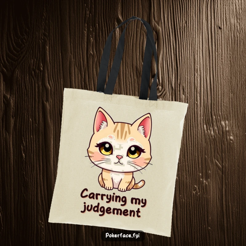 Funny tote bag displays a cat character with wide, unblinking eyes fixed in a direct, unwavering, and intense stare.