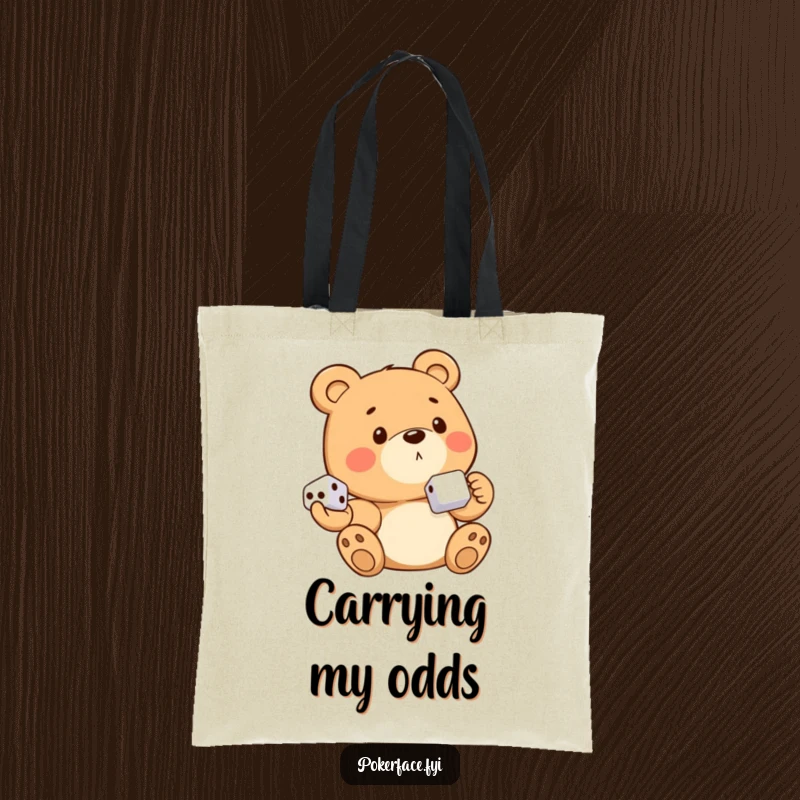 Funny bear character with no emotion, holding dice, on a durable tote bag, great for carrying game pieces.