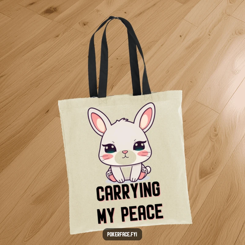 Funny tote bag featuring a calm rabbit with unblinking eyes, a humorous and stylish accessory for everyday use.