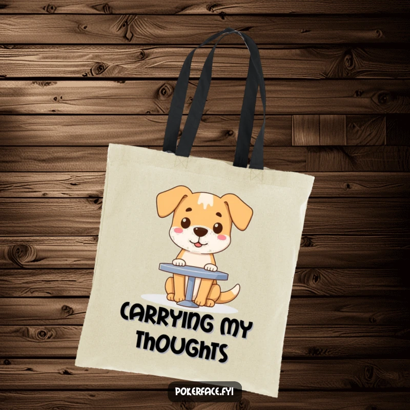 Funny dog character with a blank face sitting at a table on a durable tote bag, great for everyday use.