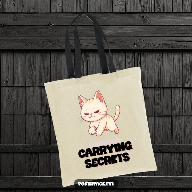 Funny stealthy cat tiptoeing slowly with sweat on brow on a tote bag.