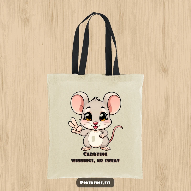 Funny mouse tote bag depicting a champion poker player mouse with a winning hand and unblinking eyes, ready to win.