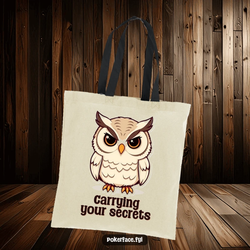 Funny Owl Tote Bag with a stoic owl character, unblinking eyes, perfect for carrying essentials with a humorous, wise demeanor, a funny gift.