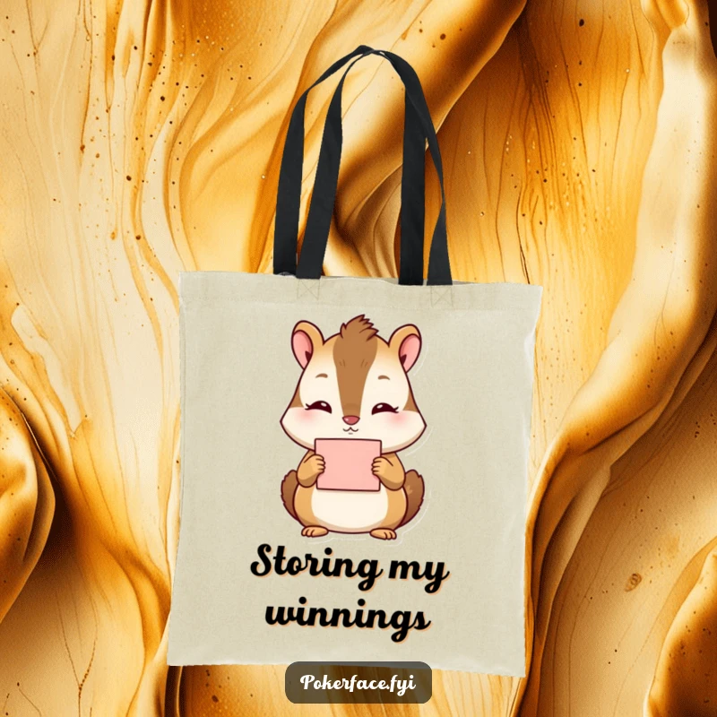 Funny Chipmunk Tote Bag: Tranquil chipmunk with no discernible emotion holding a card, great for everyday use.