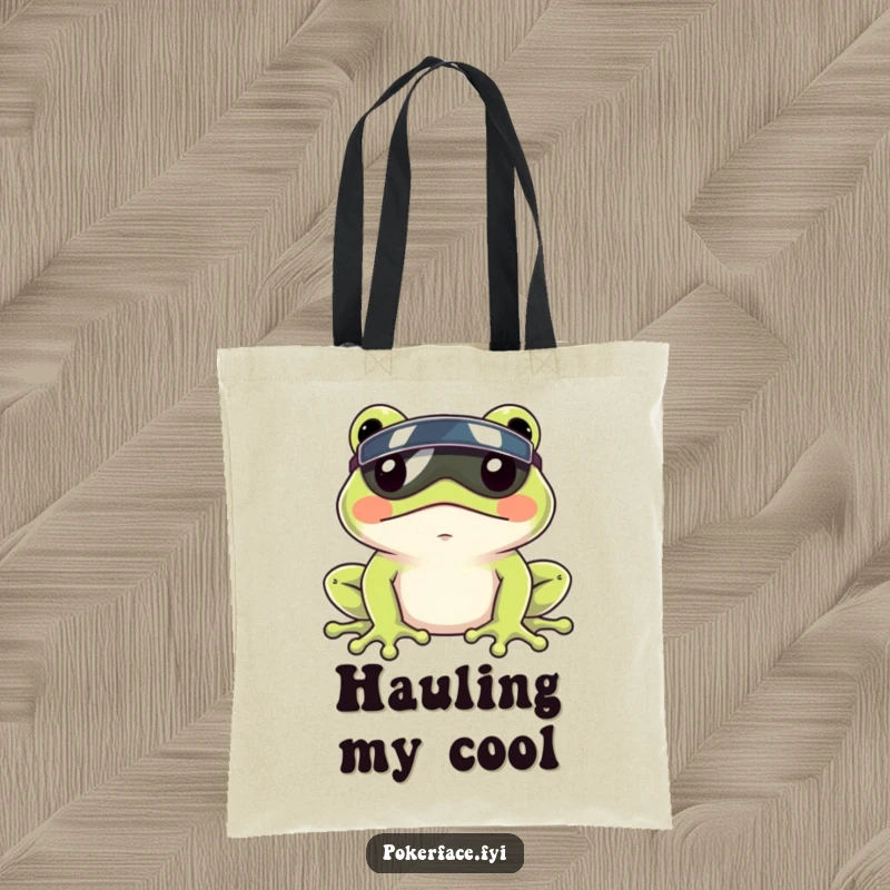Funny Frog Visor Tote Bag featuring a frog with a visor and a perfectly still face, great for humorous daily use.