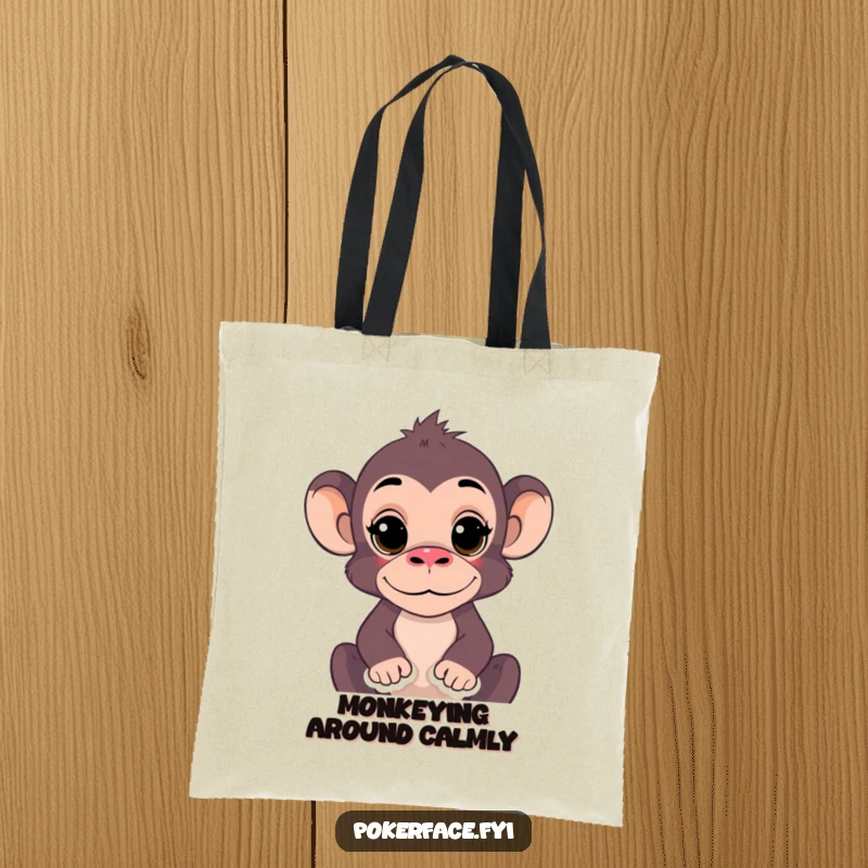 Funny Monkey Tote Bag with a monkey's completely still expression, perfect for carrying items with hilarious zen charm and a calm aesthetic, great gift.