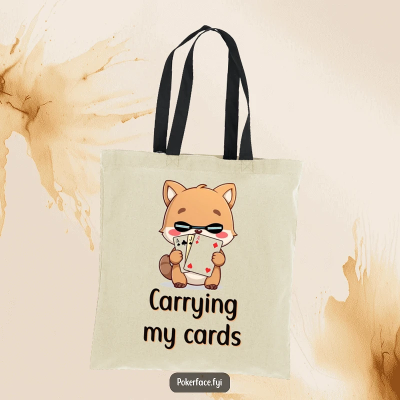 Funny Animal Tote Bag with a character holding a mystery playing card, a humorous and practical accessory.