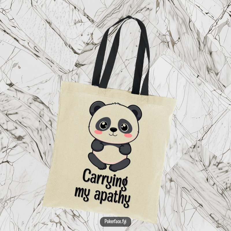 Funny Panda Tote Bag with a panda character, perfectly neutral expression, ideal for carrying items with calm and humorous indifference, a funny gift.