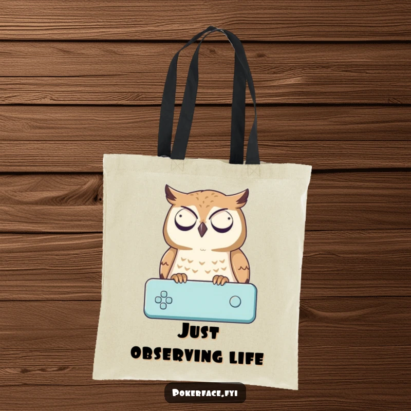 Funny Tote Bag: An owl with a blank expression intently watching a game, a great funny gift for shoppers.