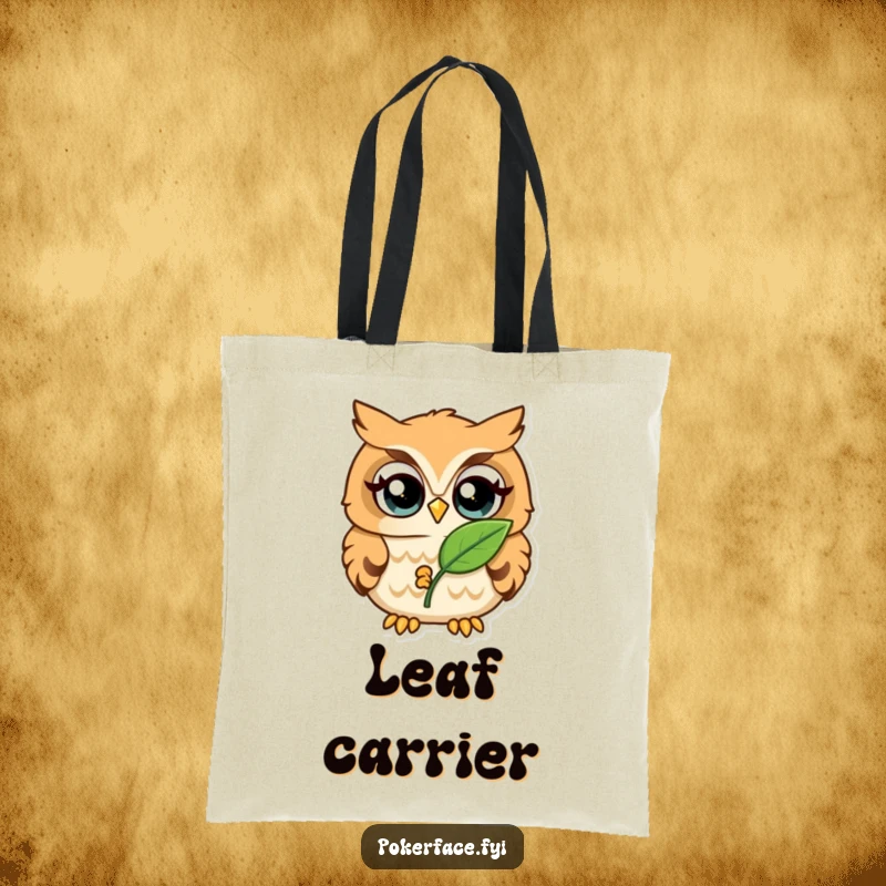 Funny Tote Bag with a wide-eyed owl holding a single leaf, ideal for collectors and nature lovers.