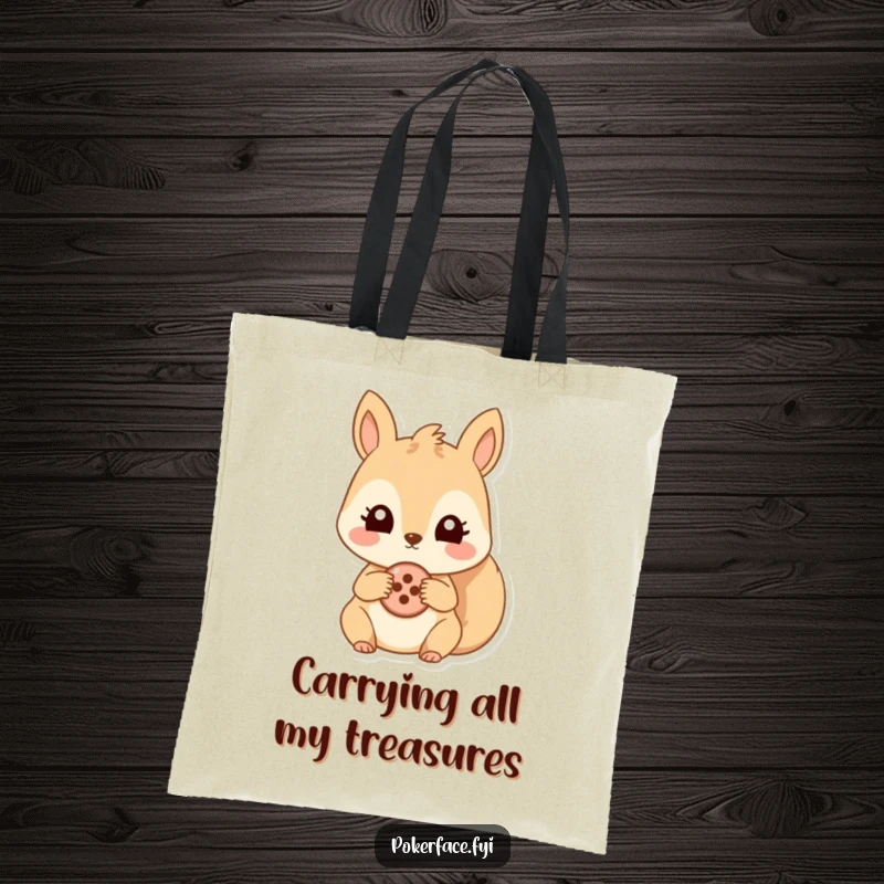 Funny tote bag illustrated with a squirrel holding a button, its eyes fixed in an unchanging stare. A practical and humorous accessory.