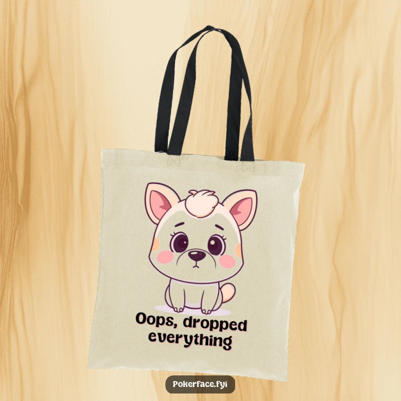 Funny surprised animal tote bag designed with a pet’s wide eyes and a straight mouth, capturing subtle astonishment.