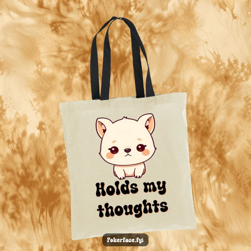 Funny tote bag featuring a small animal character with an unblinking, blank stare, ideal for a humorous, low-energy accessory.
