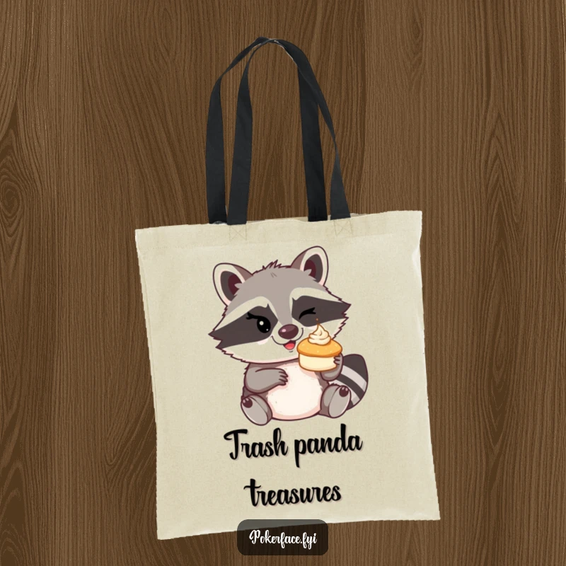 Funny mischievous raccoon winking, about to toss a tiny cream pie on a tote bag.